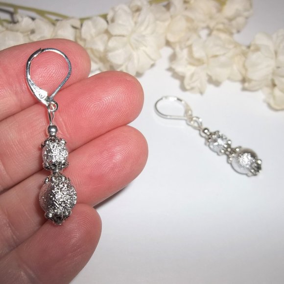 Silver Glittery Earrings Set Handmade Simple Minimalist Style Dangle NWT 5793 - Picture 6 of 8